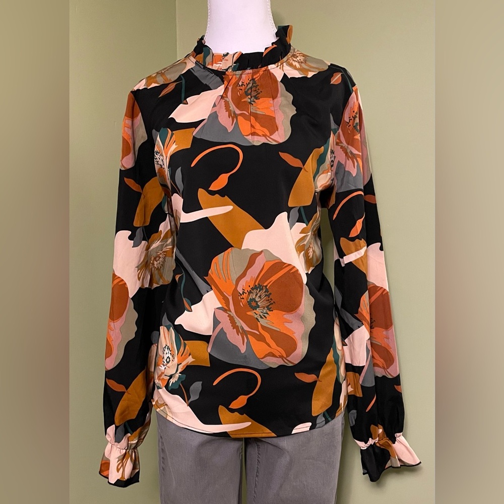 SHEIN Black and Orange Floral Blouse